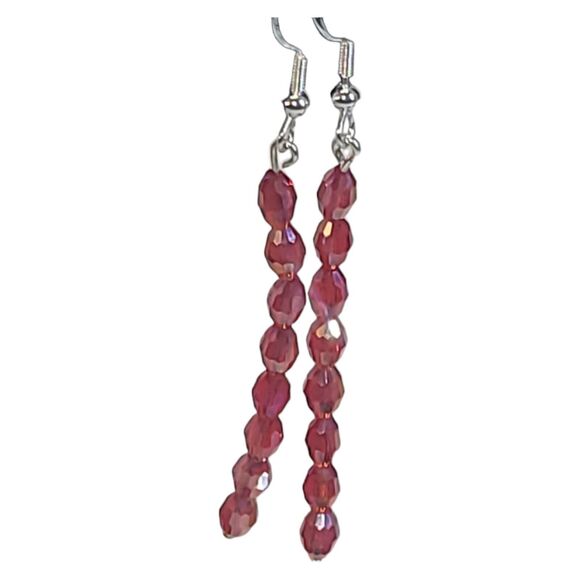 Red Pink Fire Polished Crystal Bead Dangle Earrings Sterling Silver 925 Handmade - Picture 1 of 7
